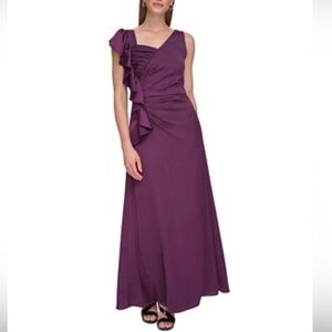 DKNY Burgundy Pleated Zip Ruffle Gown – Asymmetrical Formal Dress, Size 6 NWT